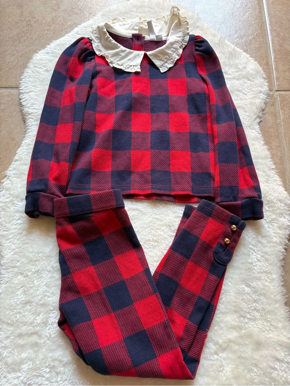Janie and Jack Girls Set Buffalo Plaid Top & Leggings Peter Pan Collar Size 6